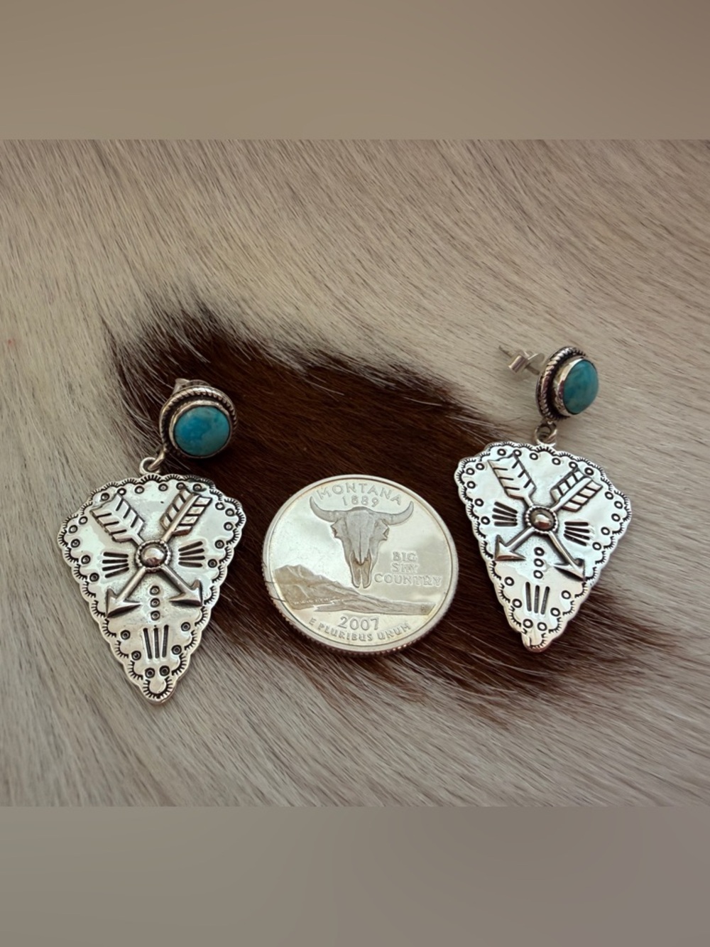 ❤️Kingman Turquoise Arrowhead Sterling Silver Symbol Hand Stamped Earrings 13.2G - Picture 15 of 15
